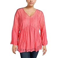 Women's Plus Size Long Bell Sleeve V Nk Lace Top with Denier Tank, Pink Roseivy, 2X