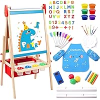 Kids Easel Including 100+ Accessories, Double Sided Wooden Easel for Kids - Magnetic Chalkboard & Painting Board & 2 Paper Rolls, Art Easel Supplies for Toddlers 3-8 Height Adjustable