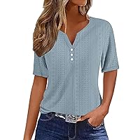 Womens Summer Tops Trendy Short Sleeve Eyelet Shirts Dressy Casual Button V Neck Blouses Loose Comfy Tunic Tshirts