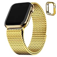 Compatible Apple Watch Metal Bands 41mm 40mm 38mm, Stainless Steel Mesh Loop Magnetic Clasp iWatch Band with TPU Case for Apple Watch Series 9 8 7 6 5 4 3 2 1 SE SE2 for Men Women (Golden)