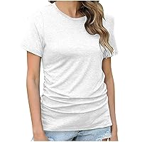 Womens 2024 Summer Tunic Tops Casual Short Sleeve Round Neck Tshirts Front Ruched Plain Work Dressy Blouses