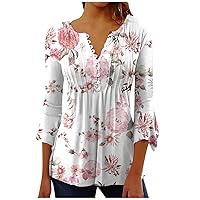 Womens Tops 3/4 Sleeve Summer Floral Tops Vneck Waisted Slim Fit Half Sleeve Tshirts Dressy Shirts Fall Blouse