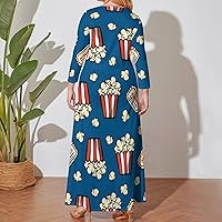 Popcorn and Movie Ticket Women Plus Size Maxi Dress Long Sleeve Casual Printed