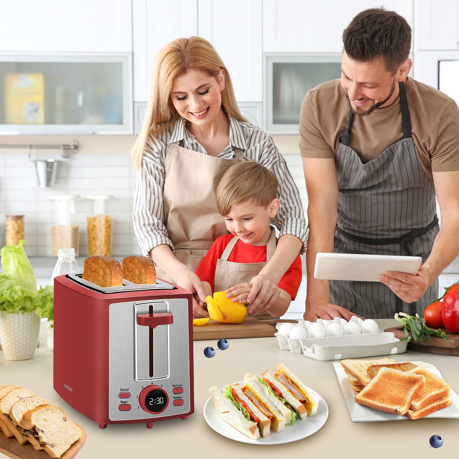 SEEDEEM Toaster 2 Slice, Bread Toaster with LCD Display, 7 Shade Settings, 1.４'' Variable Extra Wide Slots Toaster with Cancel, Bagel, Defrost, Reheat Functions, Removable Crumb Tray, 900W, Retro Red