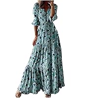 Women’s Summer Casual Loose Maxi Dress 3/4 Sleeve V Neck Long Dress Tiered Floral Printed Tie Waist Beach Sundresses