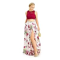 Womens Red Lace Slitted Cropped Sleeveless Jewel Neck Full-Length Prom Fit + Flare Dress Juniors 15