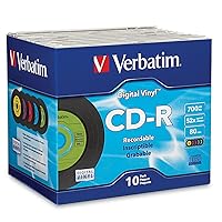 Verbatim CD-R Blank Discs 700MB 80min 52X Recordable Disc for Data and Music with Digital Vinyl Surface - 10pk Slim Case Blue/Green/Orange/Pink/Purple