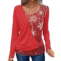 Christmas Shirts for Women 2023 Long Sleeve Tunic Two Piece Layering Top Pullovers Plus Size Boho Print Loungewear