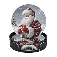 Drink Coasters Set of 6 Leather Coasters with Holder Santa Claus Snow Secenry Round Coaster for Drinks Tabletop Protection Cup Mat Heat Resistant Coffee Cup Mat 4