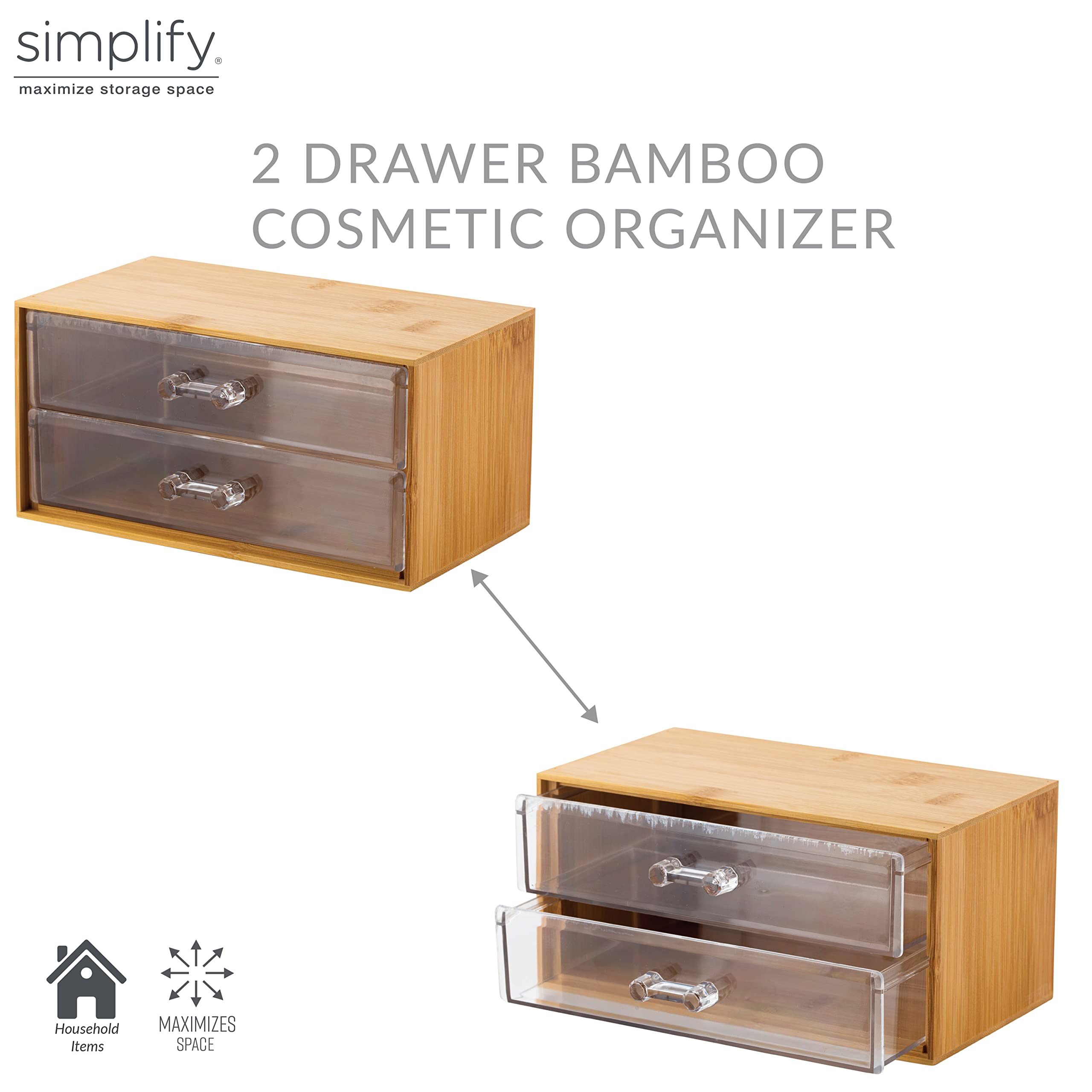 Simplify 2 Tier Cosmetic and Jewelry Holder | Drawer Organizer | Chest | Holds Make Up and Accessories | Bathroom Vanity Countertop & Dresser Storage | Clear & Bamboo