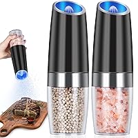 EasyCom Gravity Electric Salt and Pepper Grinder Set, Battery Powered with LED Light, Adjustable Coarseness, One Hand Automatic Pepper Mill Grinder for Kitchen and BBQ, 2 Pack, Black