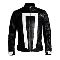 Mens Ghost Biker Agents Halloween Costume Black Faux Leather Jacket - Distressed Motorcycle Jacket