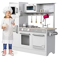 Play Kitchen - Wooden Kitchen Playset for Toddlers and Big Kids - Mini Pretend Toy for Boys and Girls with Cooking Stove, Oven, Pots, Pans, Phone, Microwave, Fridge, Sink, Utensils - Ages 3-8