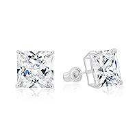 14k White Gold Solitaire Square Princess-cut CZ Stud Earrings with Secure Screw-backs