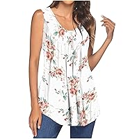 Floral Dressy Tank Top for Women Hide Belly Pleated Tunics Button Henley Shirts Womens Tunic Tops Wear with Legging