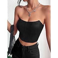 Women's Tops Sexy Tops for Women Women's Shirts Solid PU Crop Tube Top (Color : Black, Size : Medium)