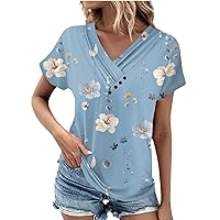 V Neck T Shirts for Women Fashion Floral Button Down Short Sleeve Tees Spring Summer Casual Going Out Tops Tunic 2024