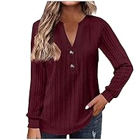 Womens Trendy Knit Jacquard Henley Shirts Tops Dressy Casual Button Up V Neck Tops Fall Plus Size Sweater Pullover