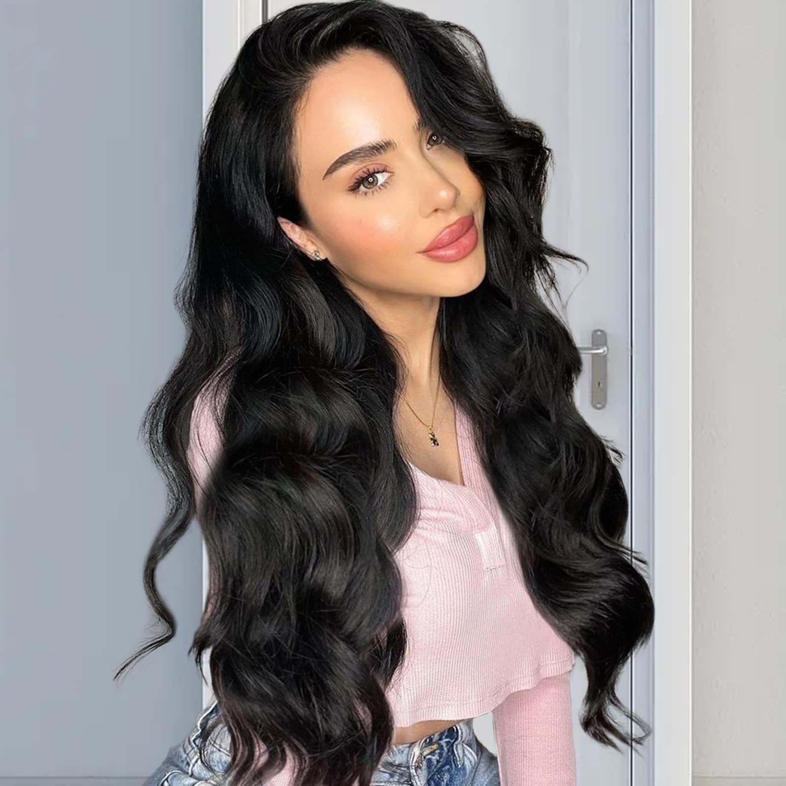 K'ryssma Black Synthetic Wigs for Black Women, Natural Looking Long Wavy Wigs Right Side Parting NONE Lace Front Black Wig Heat Resistant Fiber Wigs Hair Replacement Wig 24 inch