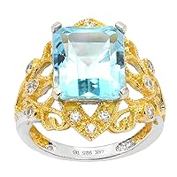 18k Gold and Sterling Silver Genuine Sky Blue Topaz and Cubic Zirconia Ring, Size 7