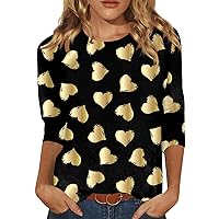 3/4 Length Sleeve Womens Tops Valentine's Day Fashion Print Going Out Tops Sexy Crew Neck Loose Fit Soft T-Shirt