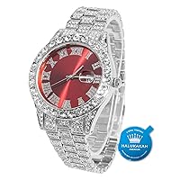 Halukakah Diamond Watch for Men - PRESIDENT - 18K Real Gold/Platinum White Gold Plated & Handset Diamonds Iced Out,42MM Width Green/Blue/Red Dial Wristband 9.5”,Cuban Link Chain 8
