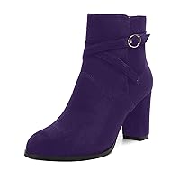 Womens Solid Round Toe Casual Buckle Booties Suede Chunky High Heel Ankle High Boots 3.3 Inch