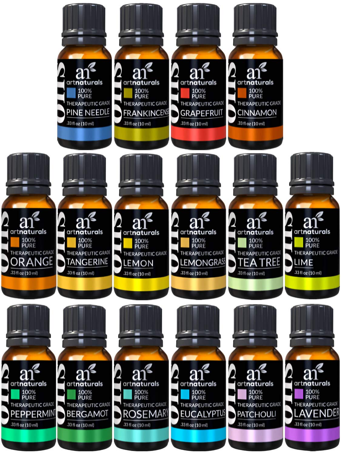 ArtNaturals Aromatherapy Essential Oil Set - 100% Pure of The Highest Therapeutic Grade Quality - Premium Gift Set – Lavender, Peppermint, Tea Tree, Eucalyptus, 0.33 Fl Oz (Pack of 16)