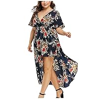 Women's Bohemian Dress Swing Casual Summer Foral Print Hawai Short Sleeve Knee Length Flowy Round Neck Trendy Beach