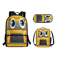 Cartoon School Bus Print Kids Backpack Set with Lunch Box Pencil Case for Boys Girls Elementary Primary Schoolbag Set of 3 Satchel Rucksack Casual Shoulder Bag Daypack