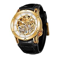 FORSINING Mens Waterproof Automatic Big Face Powerful Exotic Tourbillion Skeleton Watch, Gold and White, Strap.