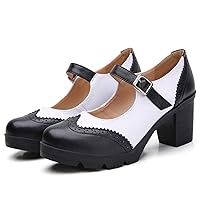 Womens Buckle Strap Round Toe Brogues Oxford Mary Janes Chunky High Heel Wedding Dress Shoes