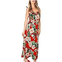 Women's Dress Flowy Beach Foral Print Hawai V-Neck Glamorous Swing Casual Loose-Fitting Summer Short Sleeve Long Red