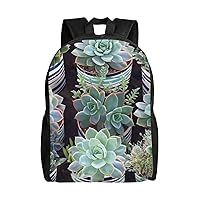 Striped Succulents Print Backpack Waterproof Lightweight Casual Daypack Cute Travel Laptop Bag For Men Women