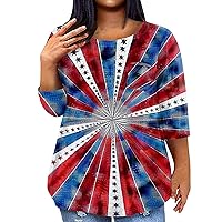 Red Blue White America Flag Print 3/4 Length Sleeve Plus Size 4th of July Shirts Women Casual Loose Womens Tops