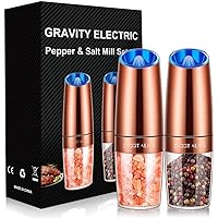 Gravity Electric Pepper and Salt Grinder Set, Adjustable Coarseness, Battery Powered with LED Light, One Hand Automatic Operation, Stainless Steel Copper, 2 Pack