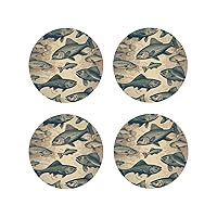 Vintage Different Fish Leather Coasters Set of 4 Waterproof Heat-Resistant Drink Coasters Round Shape Cup Mat for Living Room Kitchen Bar Coffee Decor