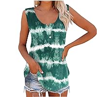 Plus Size Women Stripe Tie Dye Double Buttons Tank Tops Fashion Curved Hem Casual Loose Summer Sleeveless T-Shirts