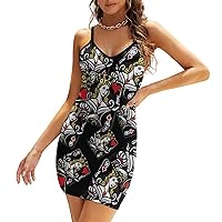 Classic Black Queen of Hearts Women's Spaghetti Strap Dress Sexy Sleeveless V-Neck Dress Mini Bodycon Dresses
