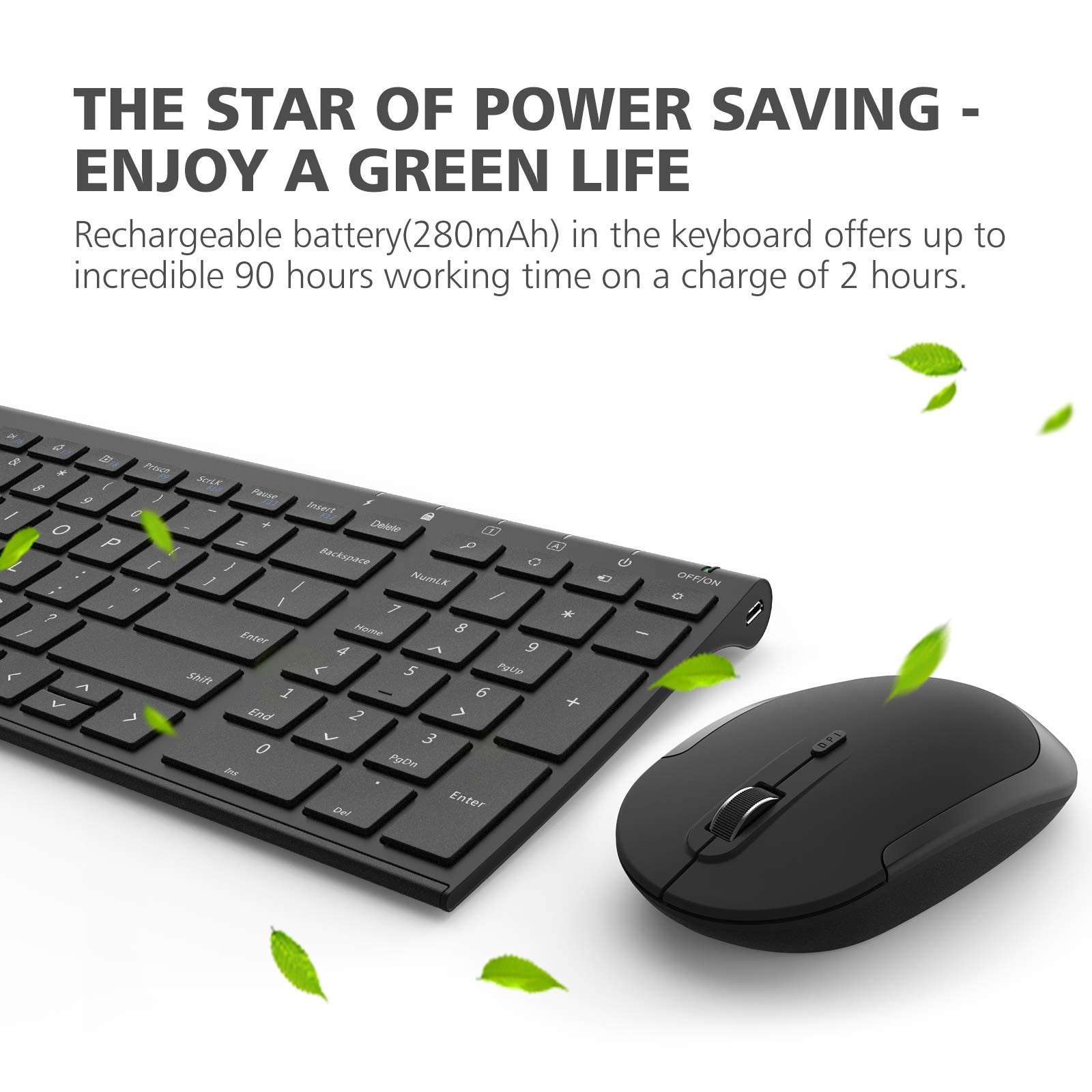 iClever GK03 Wireless Keyboard and Mouse Combo - 2.4G Portable Wireless Keyboard Mouse, Rechargeable Ergonomic Design Full Size Slim Thin Stable Connection Keyboard for Windows 7/8/10, Mac OS