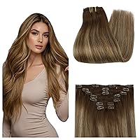 Full Shine Balayage Clip in Hair Extensions Brown Ombre Medium Browb Mix Honey Blonde Real Human Hair Exensions Clip ins Color 4/27/4 20 Inch