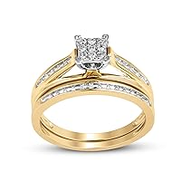 Jewelili 10K Yellow Gold Square Center 1/6 Cttw Natural White Round Diamond Bridal Ring
