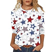 3/4 Sleeve Tops for Women Summer Fourth of July Crew Neck T Shirts USA Flag Graphic Tees Trendy Plus Size Blouses