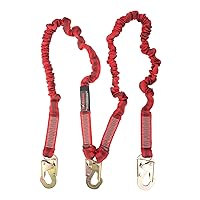 UFL206121 Twin Leg 100% Tie-Off Elasticated Design Shock Absorbing Lanyard with 3 Snap Hooks (Steel), ANSI Compliant, 6-Ft, Red