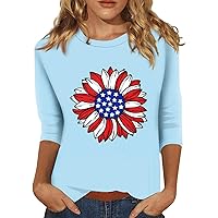 4th of July Shirts for Women 3/4 Length Sleeve Round Neck Printed Blouse Trendy Fit Tops Elegant Soft Tee Shirt