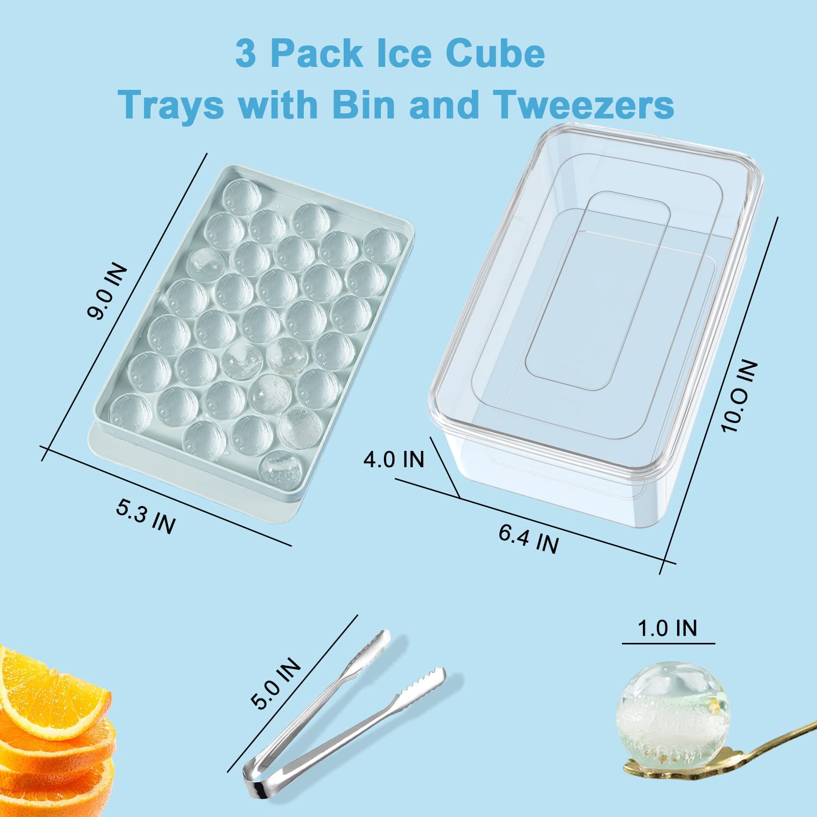  Ice Cube Tray Balls,Round Ice Cube Trays for Freezer with Lid  and Bin,1in X 99PCS Round Ice Cube Trays for Freezer, (3Pack Blue Ice trays  & Ice Bin & Ice tong)