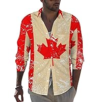 Canada Retro Flag Mens Long Sleeve Shirts Casual Button Down Lapel T-Shirt Summer Beach Tee Tops