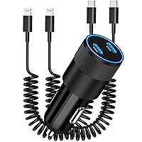 [Apple MFi Certified] iPhone Fast Car Charger, KYOHAYA 60W Dual USB-C Power Car Rapid Charger Adapter + 2Pack 6FT Type-C to Lightning Coiled Cord Quick Car Charging for iPhone 14 13 12 11 XS XR X SE 8