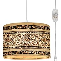 Plug in Pendant Light Slavic Ornament Pattern Traditional Geometric Ethnic Oriental Hanging Lamp with Plug in Cord 16.4 ft Fabric Shade Dimmable Hanging Light for Living Room Kitchen Bedroom