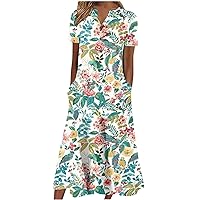 Short Sleeve Spring Shift Dress Womans Home Modern Printed Light Tunic Dress Scoop Neck Cotton with Pockets White M